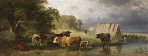 Descanso del rebaño de vacas en la orilla del lago de Friedrich Johann Voltz